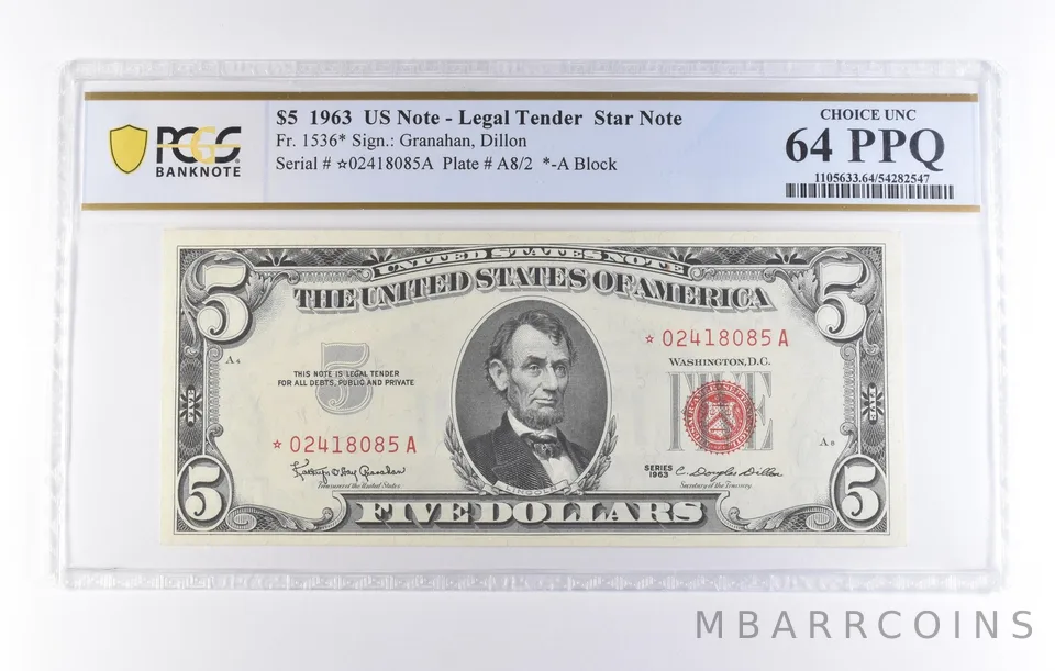 1963 $5 Legal Tender Star Note Fr#1536* Choice Unc 64 PPQ PCGS *8224