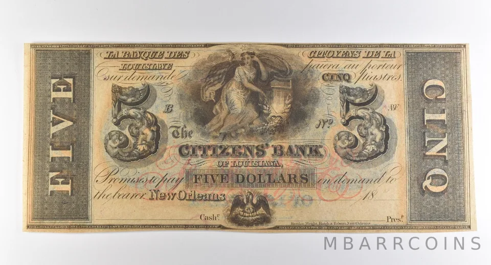 1800s $5 New Orleans LA Citizens Bank Obsolete Note *3858