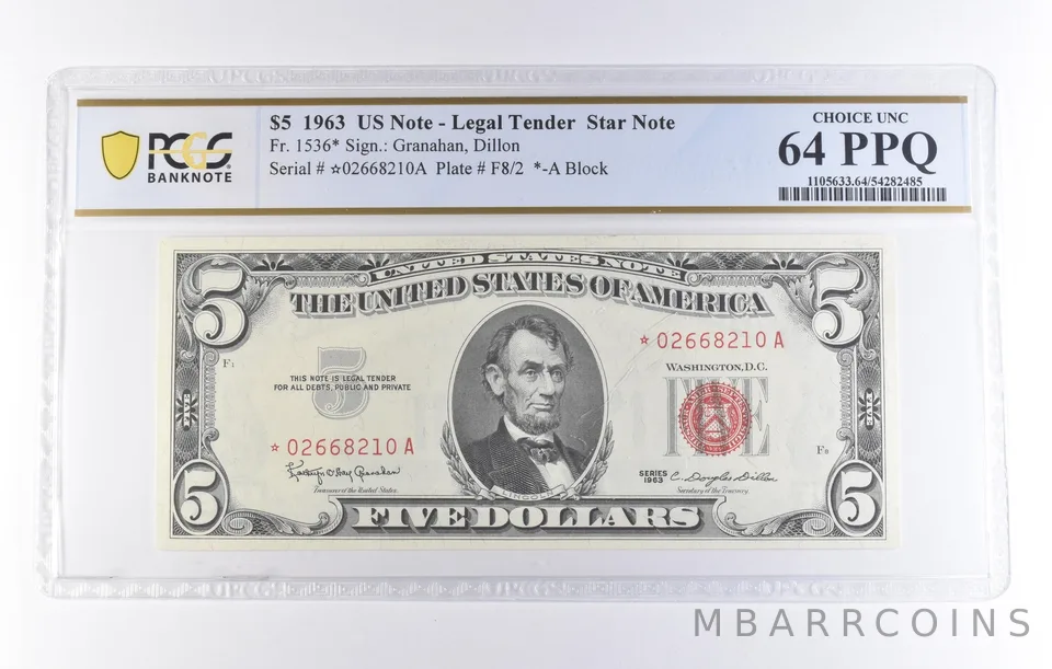 1963 $5 Legal Tender Star Note Fr#1536* Choice Unc 64 PPQ PCGS *8326