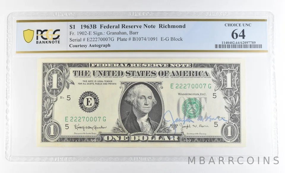 1963 B $1 Richmond VA FRN Courtesy Autograph FR#1902-E Unc 64 PCGS Barr *0631