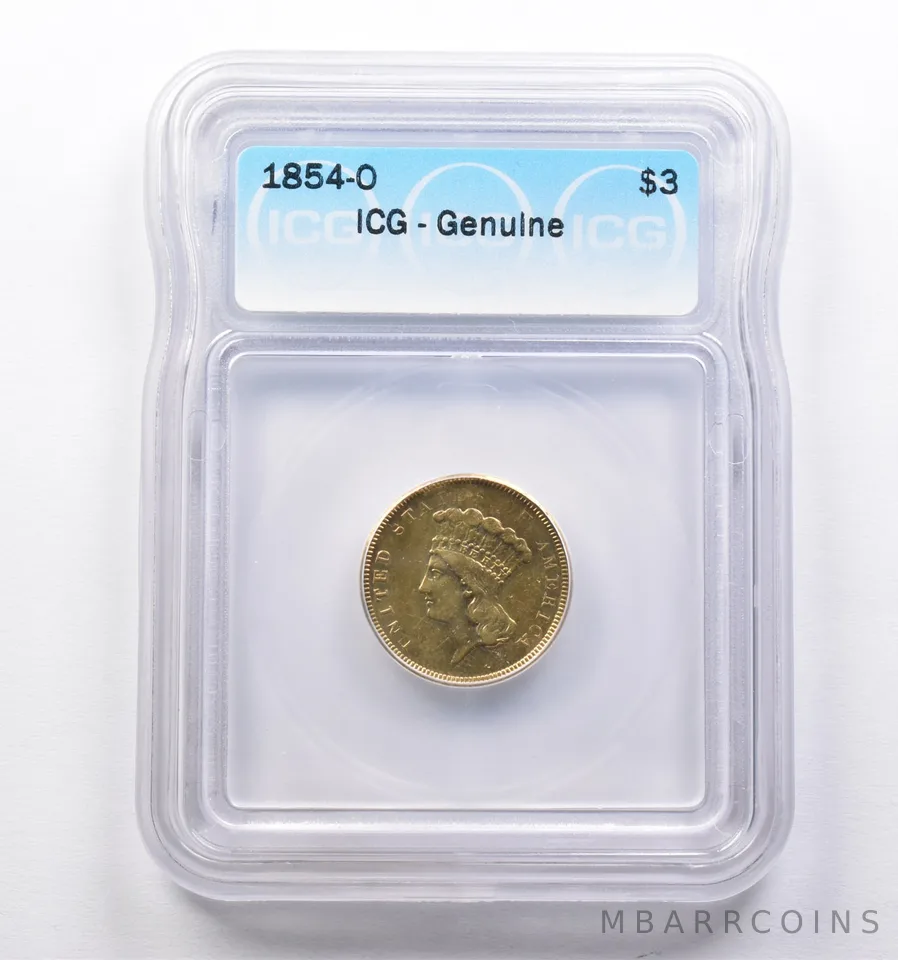 Genuine 1854-O $3 Indian Princess Head Gold Three Dollar ICG *3840