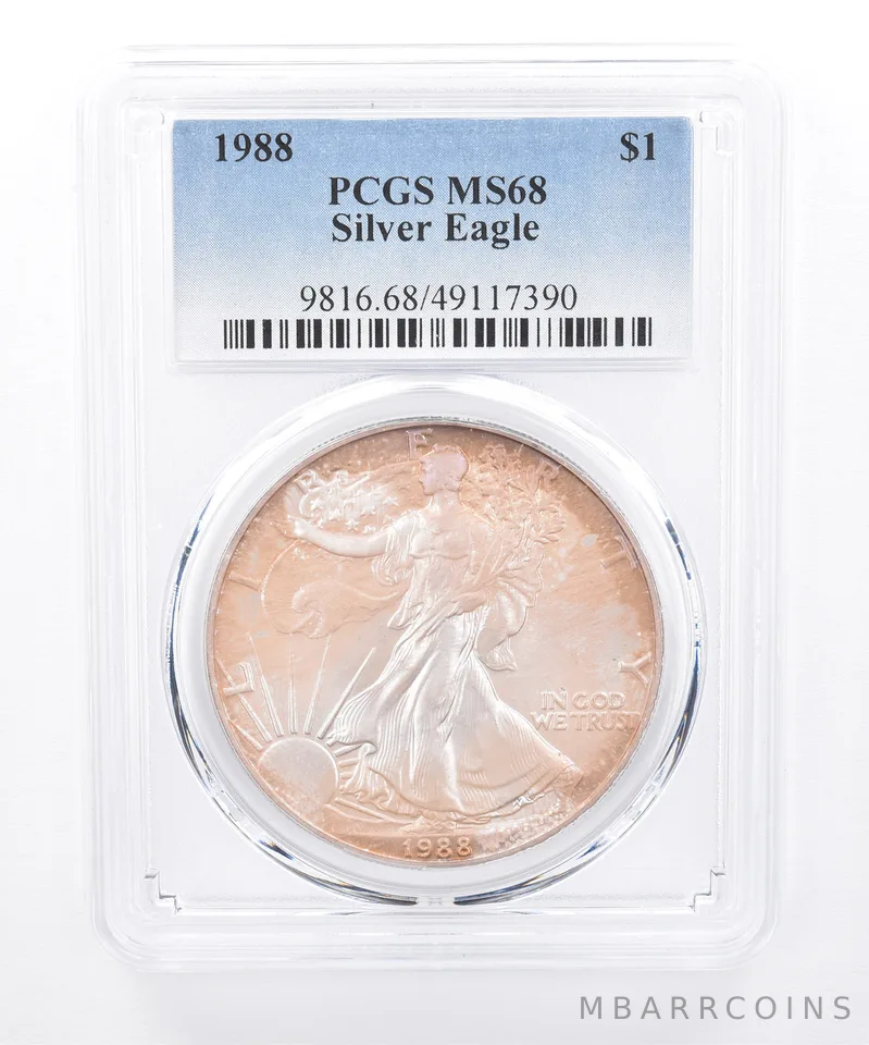 1988 American Silver Eagle MS68 PCGS Iridescent Tone *8417