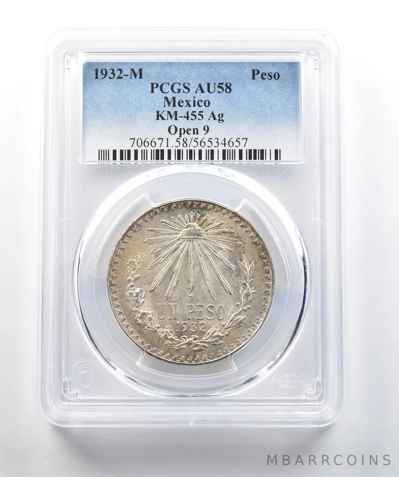 1932 M Mexico Peso Silver Open 9 KM-455 AU58 PCGS a2047
