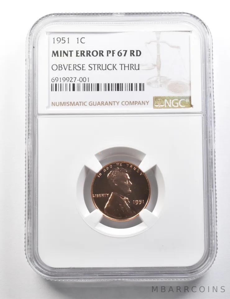 1951 Lincoln Wheat Cent Mint Error PF67 RD Obverse Struck Thru NGC *9484