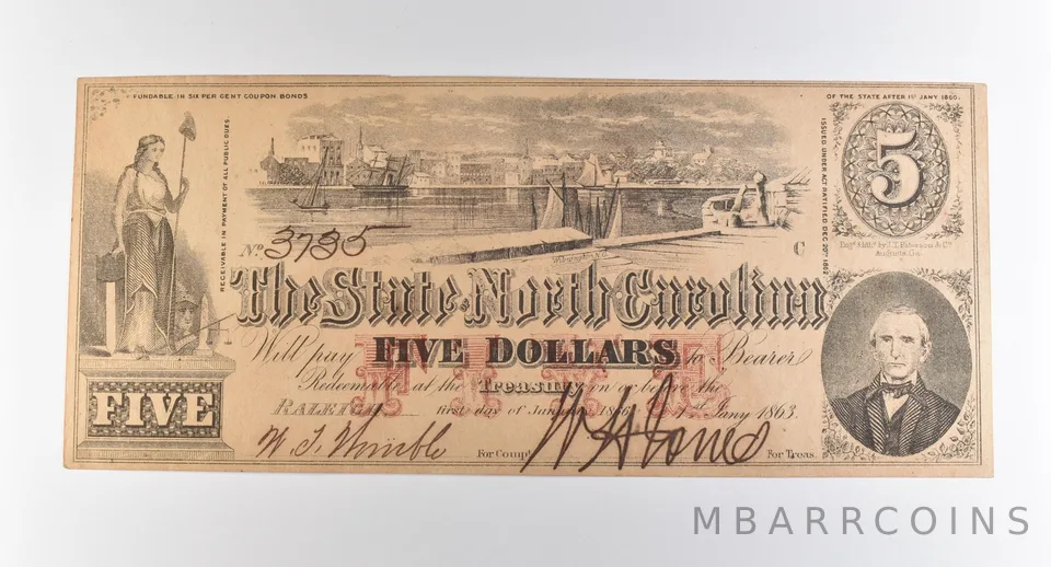 1863 $5 Raleigh NC State Of North Carolina Obsolete Note *3800