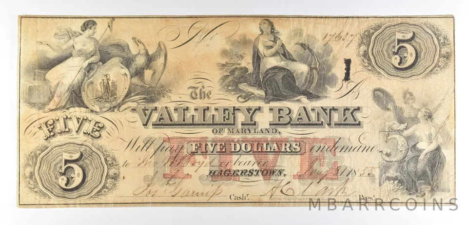 1855 $5 Hagerstown MD Valley Bank Obsolete Note *8524