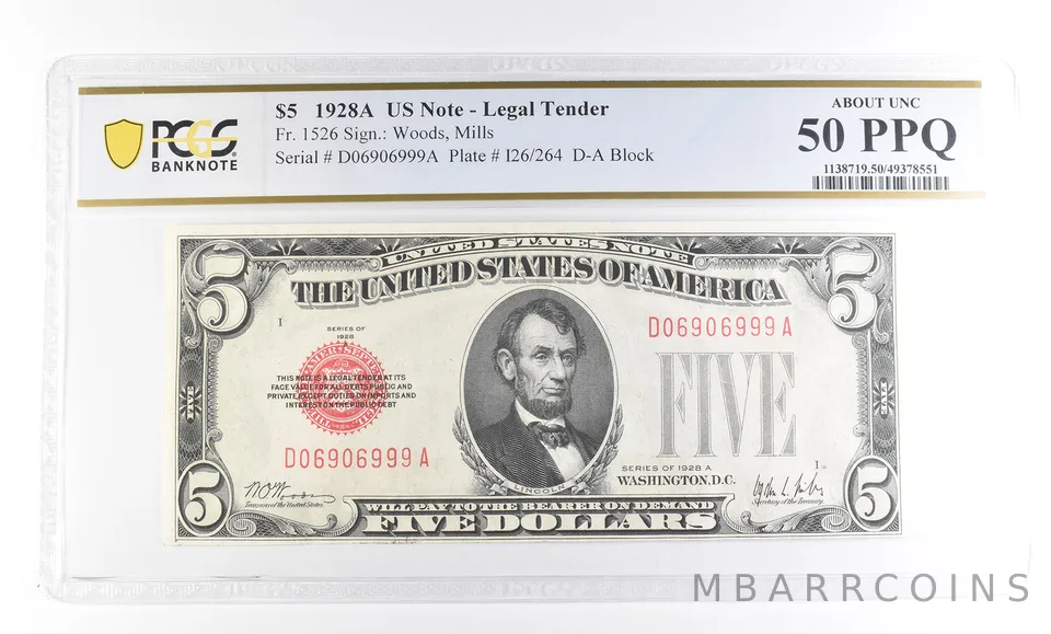 1928 A $5 US Legal Tender Fr#1526 About Unc 50 PPQ PCGS a2414