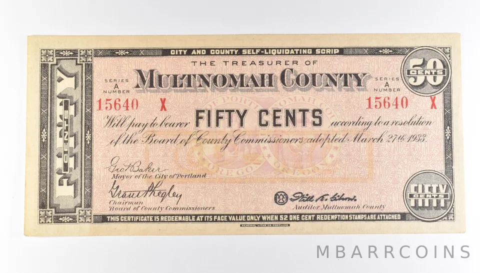 1933 50 Cent Multnomah County OR Self-Liquidating Scrip *9788