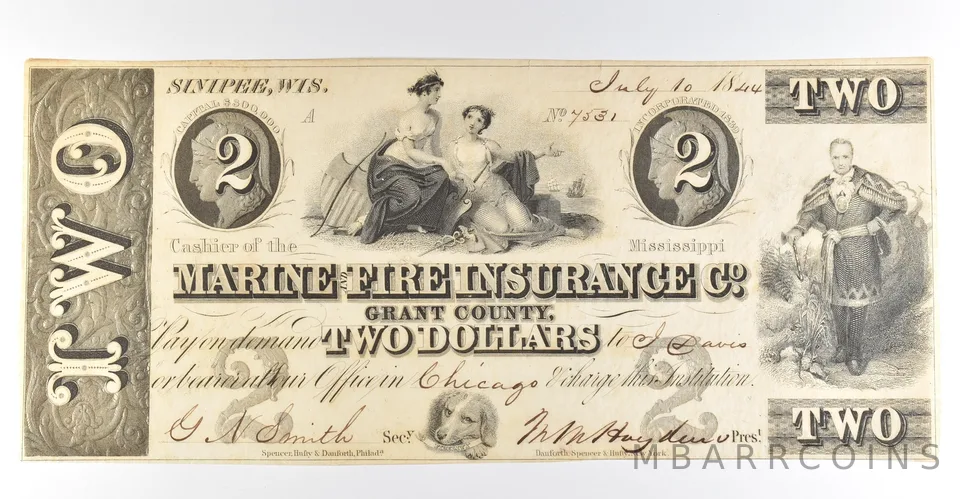 1844 $2 Sinnipee WI Marine & Fire Insurance Co Obsolete Note *8432