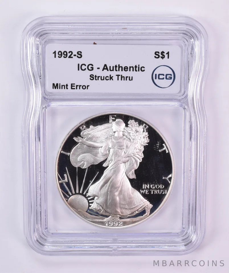 1992-S American Silver Eagle Mint Error Struck Thru Authentic ICG