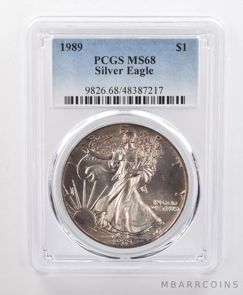 MS68 1989 American Silver Eagle PCGS Beautifully Toned Soft Purple Hues *0150