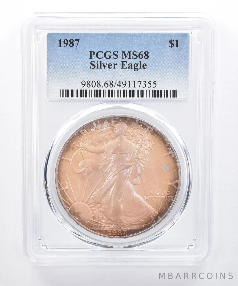 1987 American Silver Eagle MS68 PCGS Iridescent Tone *8433