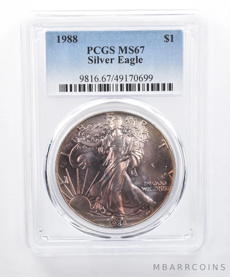 1988 American Silver Eagle MS67 PCGS Purple/Orange Tone *8429