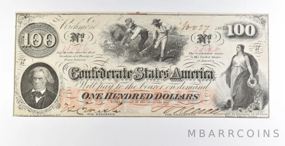1862 $100 Confederate States Of America Large Note a7939