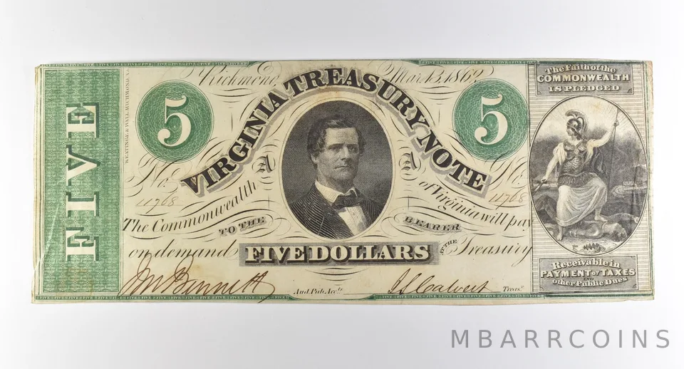 1862 $5 Richmond VA Treasury Note Obsolete Note *3802