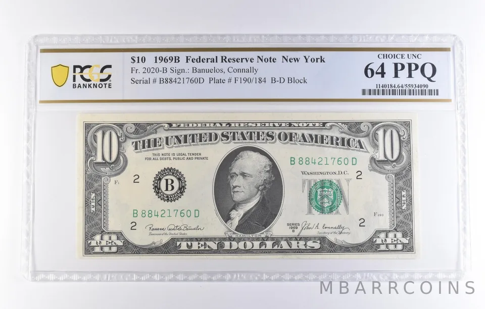 1969 B $10 New York NY FRN Fr#2020-B Choice Unc 64 PPQ PCGS *8290