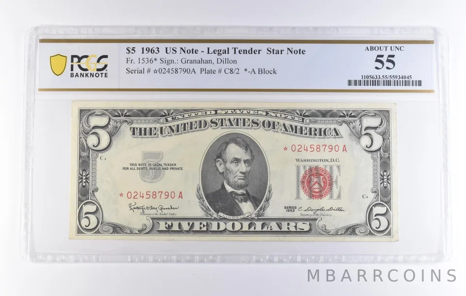 1963 $5 Legal Tender Star Note Fr#1536* About Unc 55 PCGS *8314