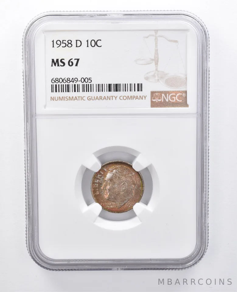 1958-D Roosevelt Dime MS67 NGC Rainbow Tone *7970