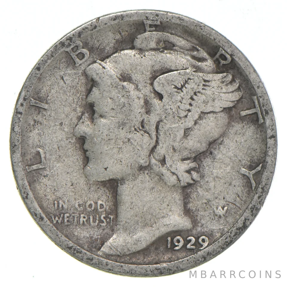 VG+ 1929-S Mercury 90% Silver Dime