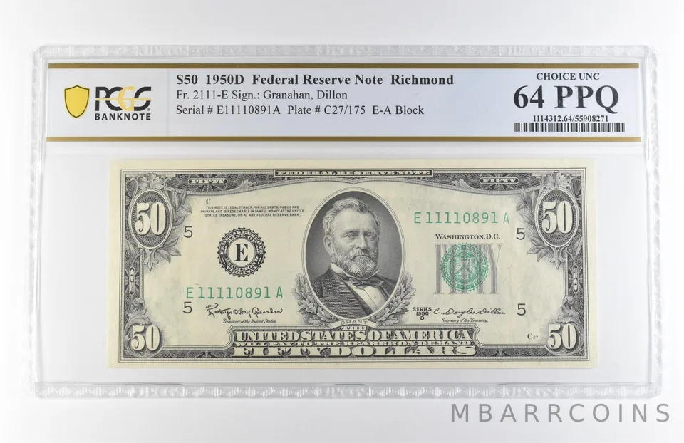 1950 D $50 Richmond VA FRN Fr#2111-E Choice Unc 64 PPQ PCGS *7910