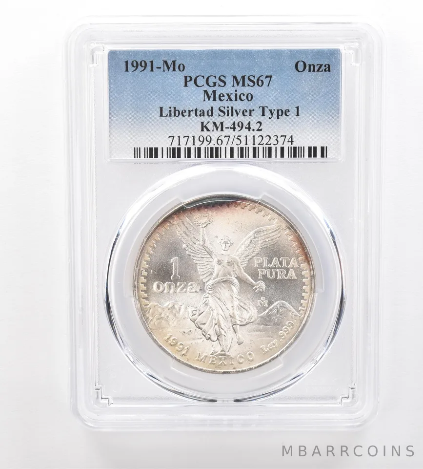 1991 Mo Mexico 1 Onza Silver Libertad T1 KM-494.2 MS67 PCGS Nice Tone a7504