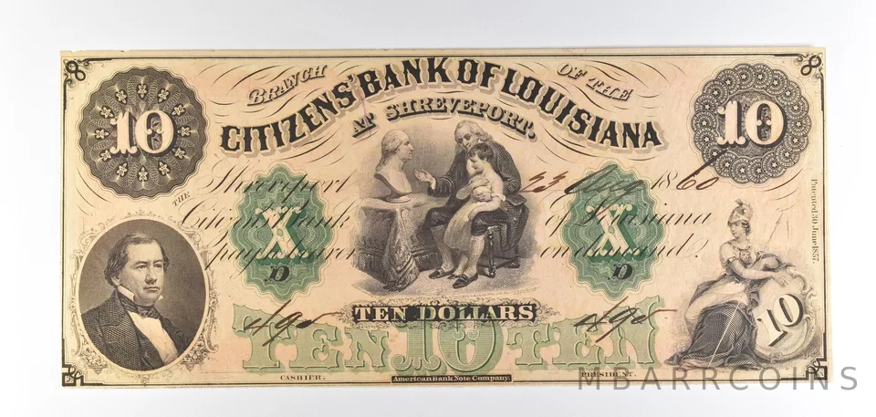 1860 $10 Shreveport LA Citizens Bank Obsolete Note *8854