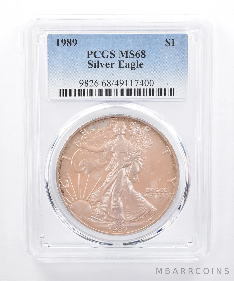 1989 American Silver Eagle MS68 PCGS Iridescent Tone *8490