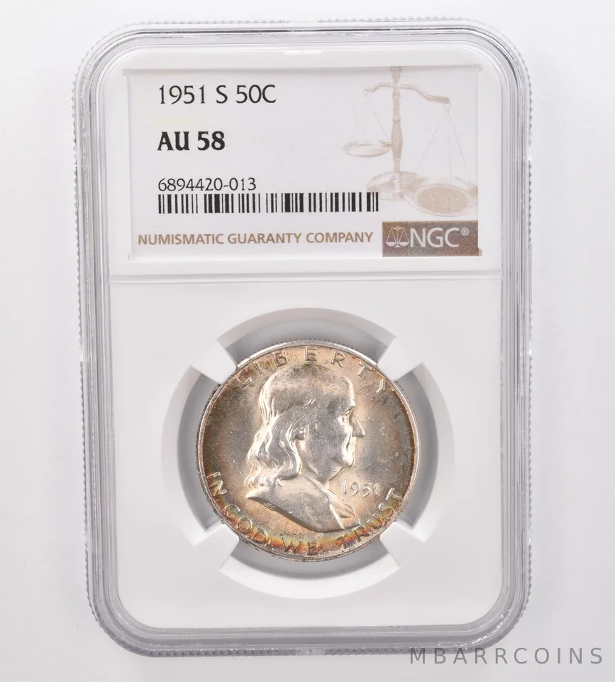 1951-S Franklin Half Dollar AU58 NGC Beautiful Tone *9934