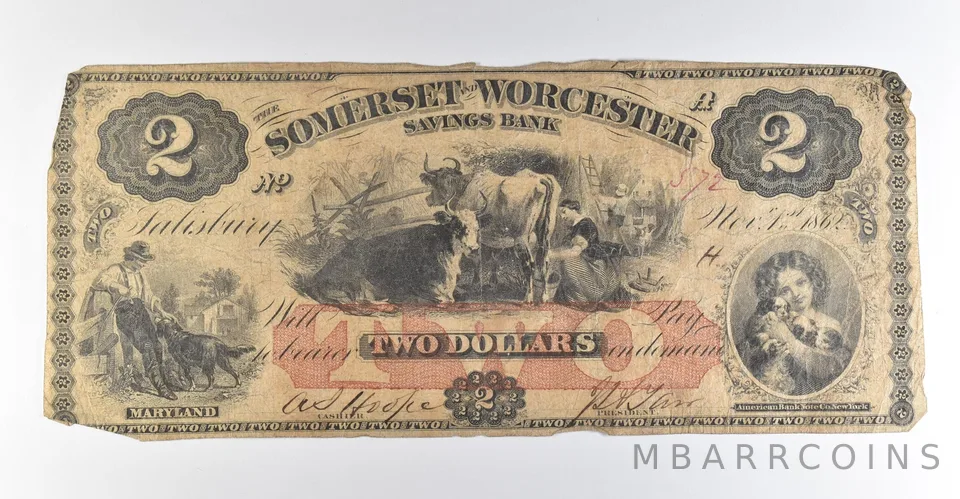 1862 $2 Salisbury MD Somerset & Worcester Savings Bank Obsolete Note *8482