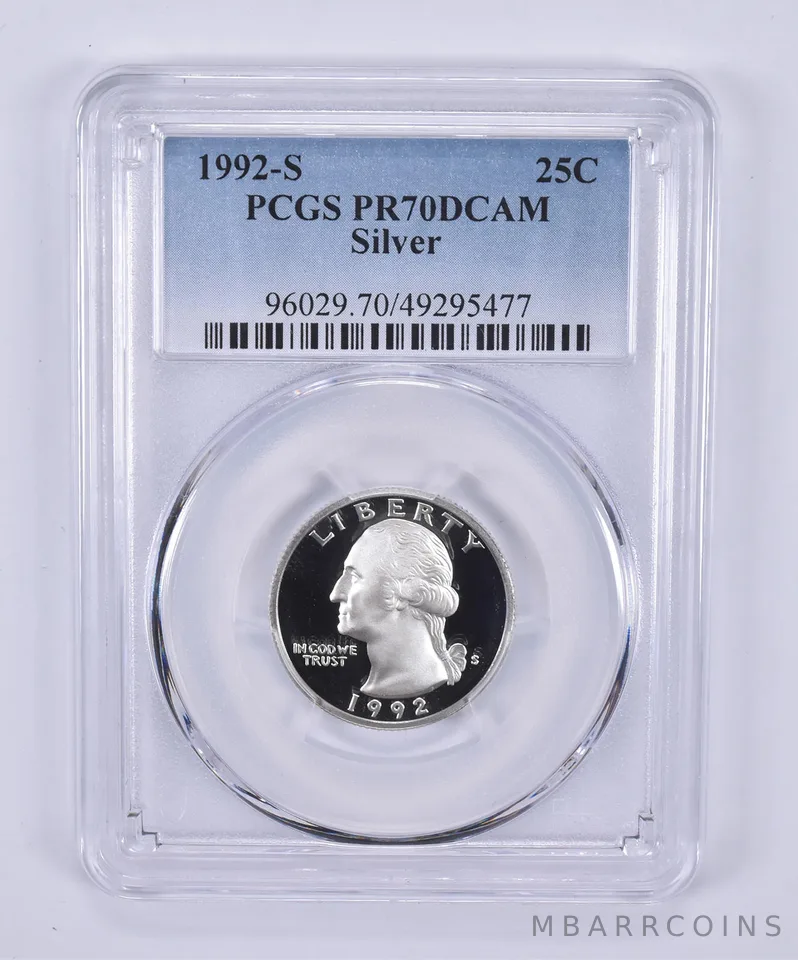1992-S Washington Quarter Silver PR70 DCAM PCGS Blue Label