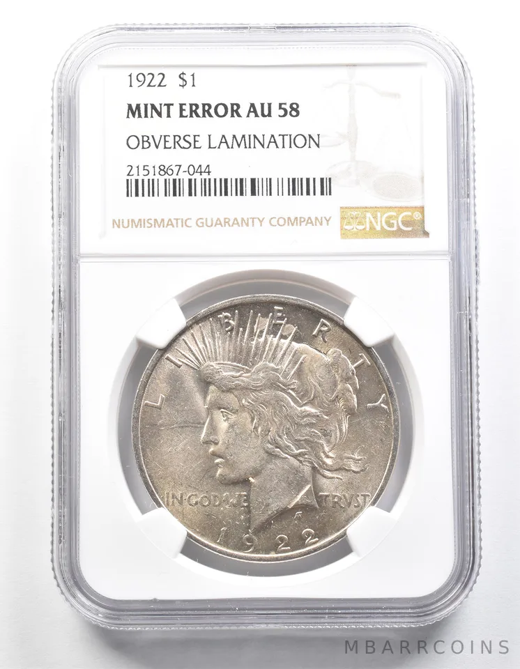 1922 Peace Silver Dollar Mint Error Obverse Lamination AU58 NGC a1312