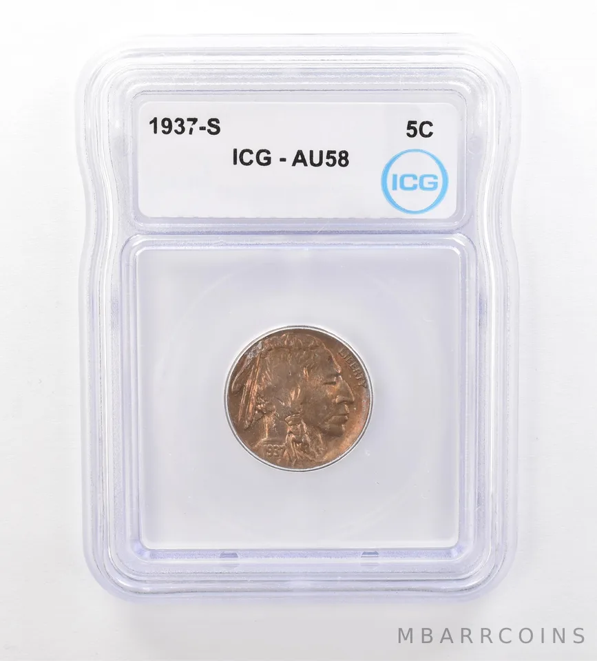 1937-S Indian Head Buffalo Nickel AU58 ICG Beautiful Tone *7537
