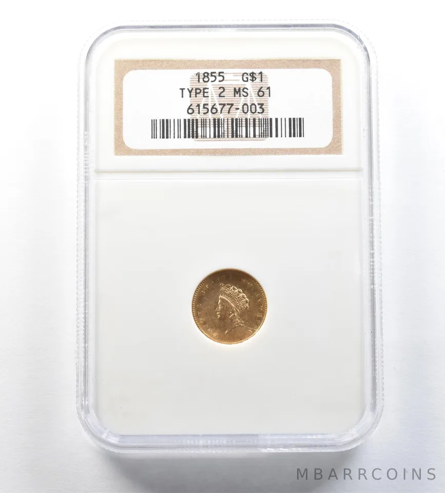1855 $1 Indian Princess Head Gold Dollar Type 2 MS61 NGC *0607