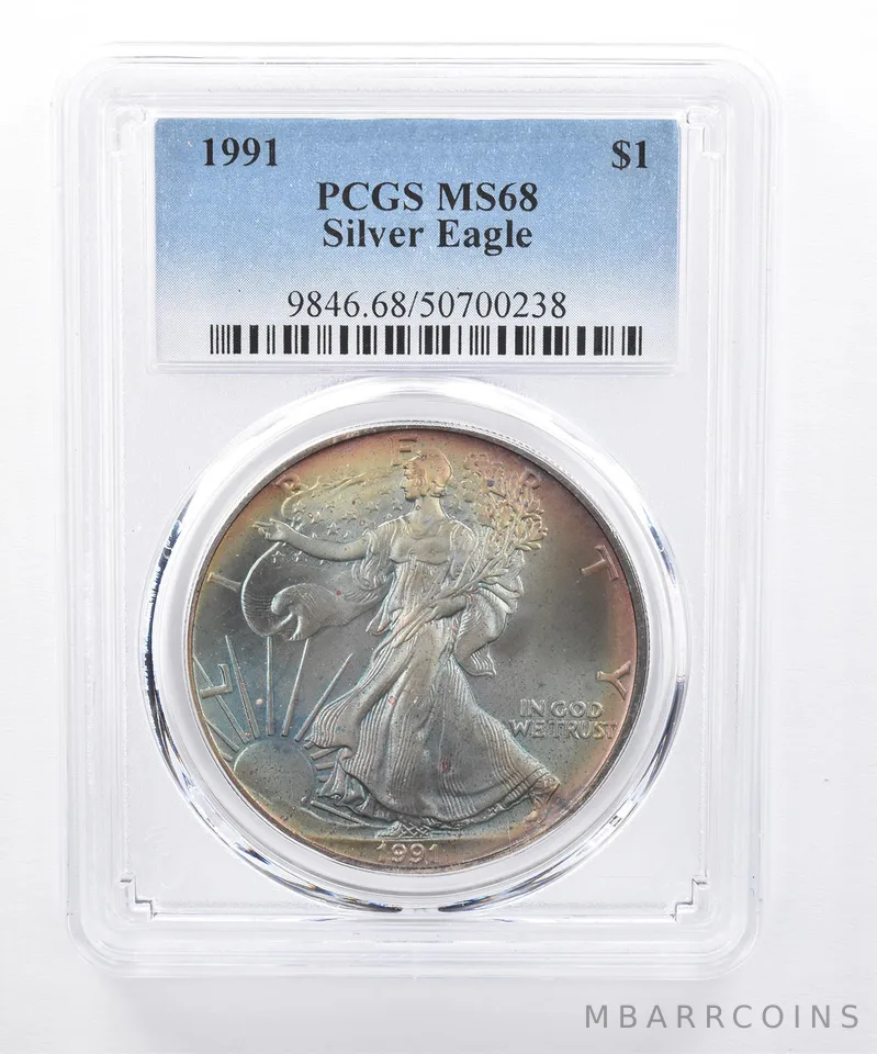 1991 American Silver Eagle MS68 PCGS Rainbow Tone *8472