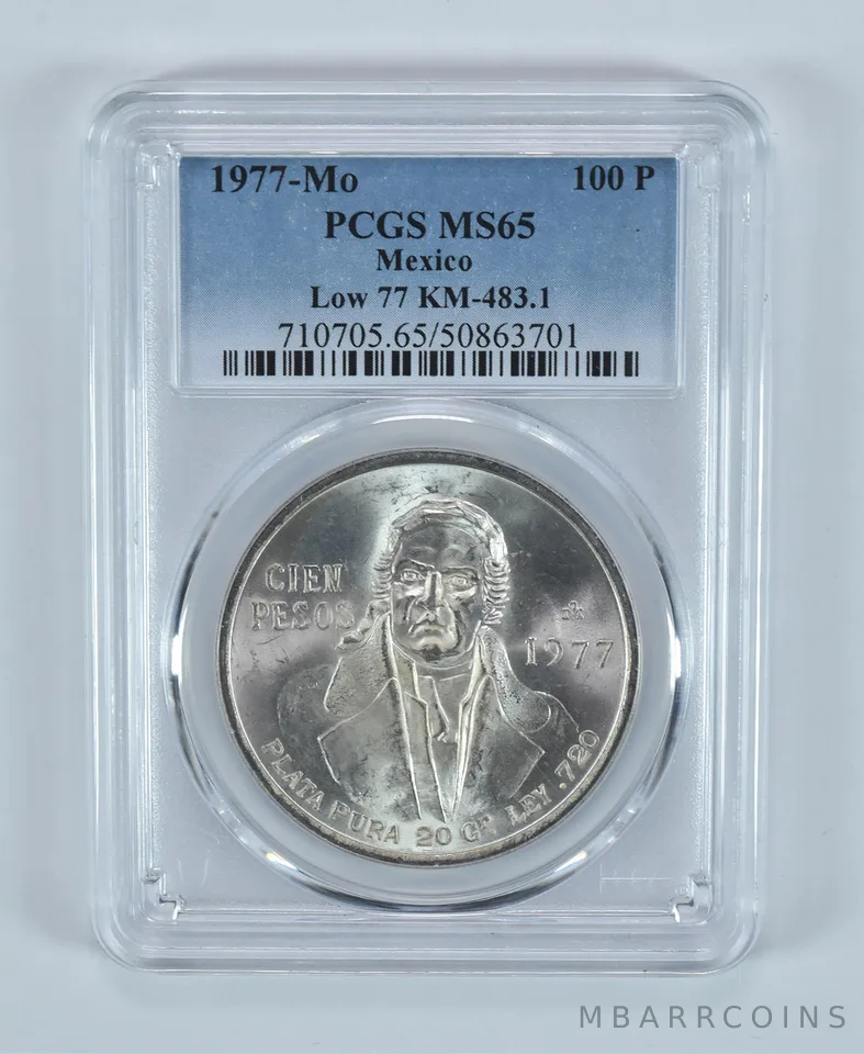 1977 Mo Mexico 100 Pesos Silver Low 77 KM#483.1 MS65 PCGS Blue Label