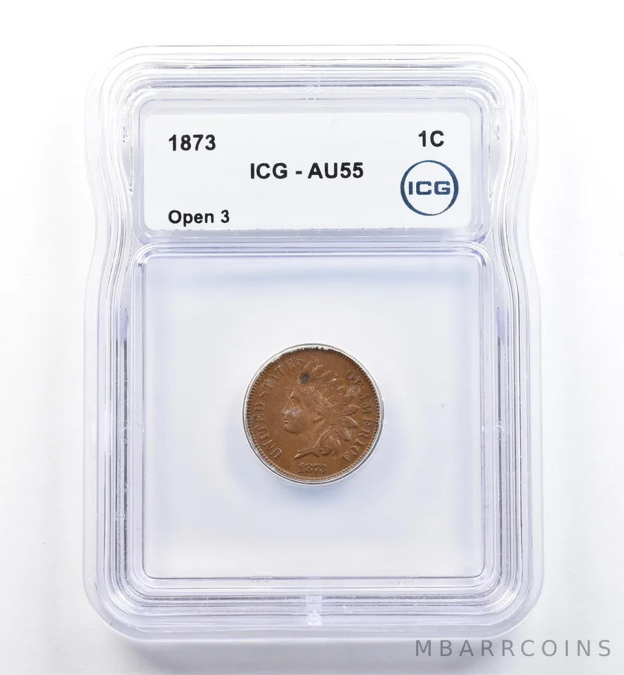 1873 Indian Head Cent Open 3 AU55 ICG *0110