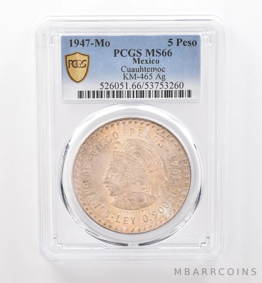 1947 Mo Mexico 5 Peso Silver Cuauhtemoc KM-465 MS66 PCGS Beautiful Tone *9526