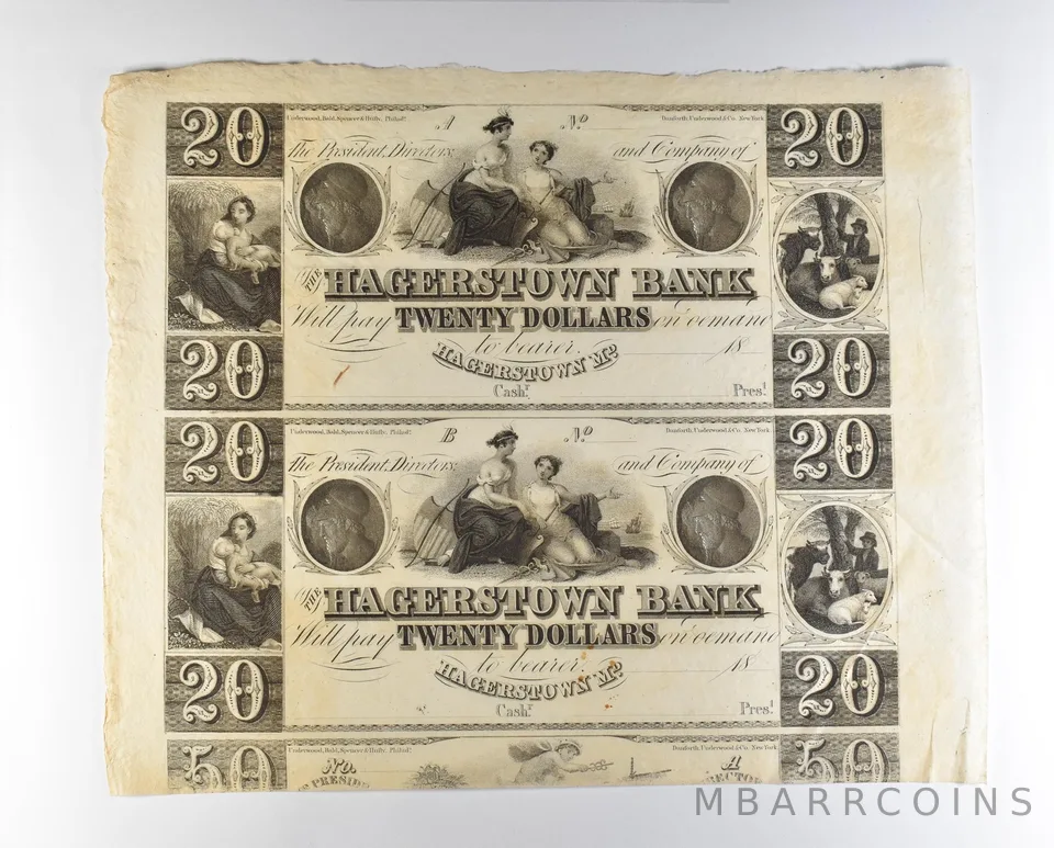 Lot (2) 1800s $20 Hagerstown MD Bank Obsolete Note Uncut *8695