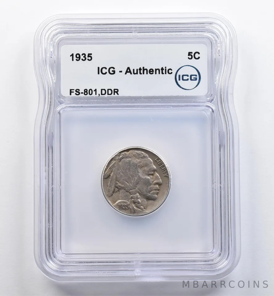 1935 Indian Head Buffalo Nickel FS-801 DDR Authentic ICG *9000