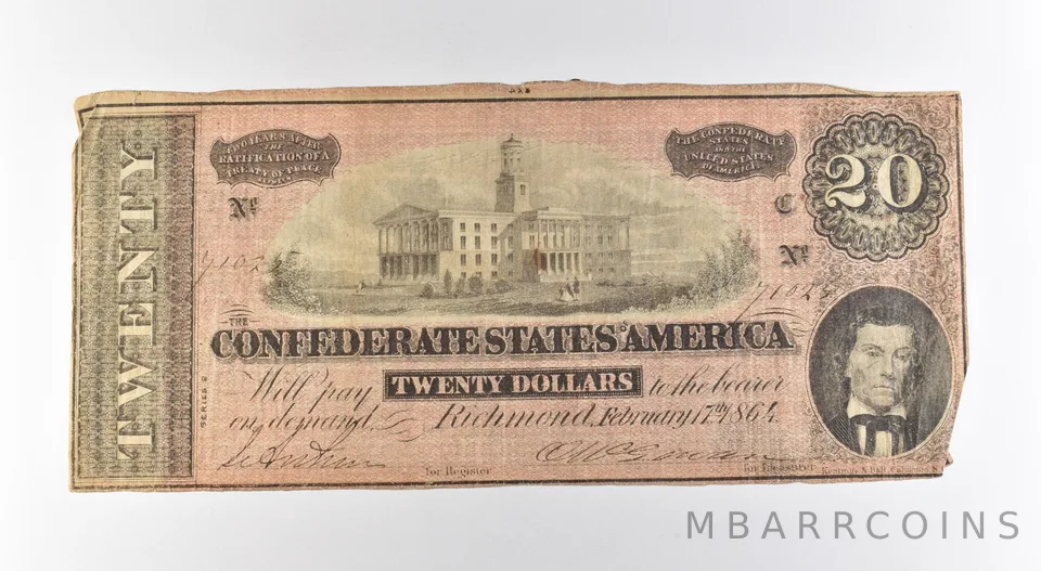 1864 $20 Confederate States Of America Large Note *3160