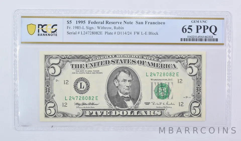 1995 $5 San Francisco CA FRN Fr#1985-L Gem Unc 65 PPQ PCGS
