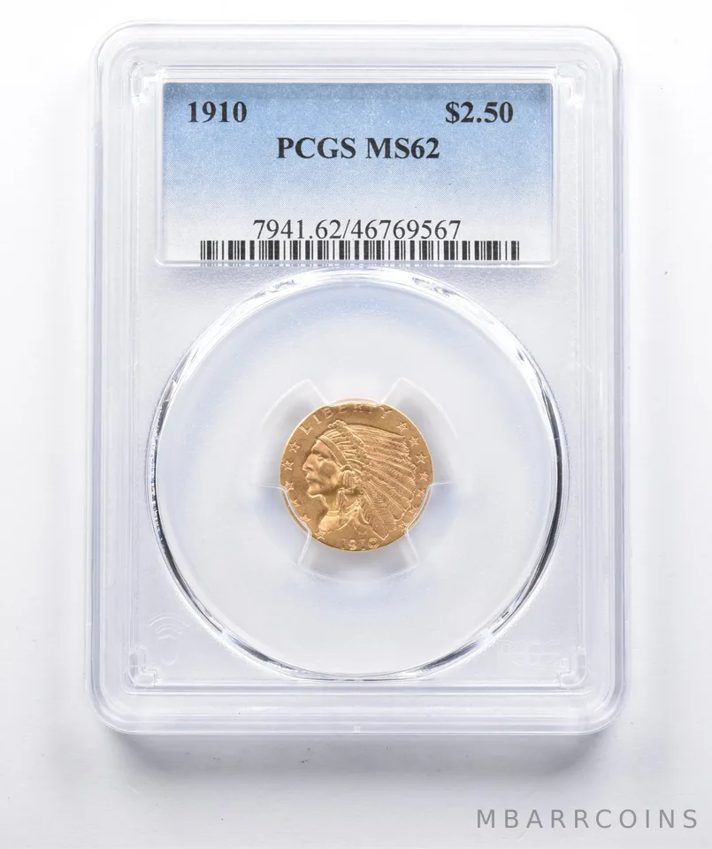 MS62 1910 $2.50 Indian Head Gold Quarter Eagle PCGS *0867