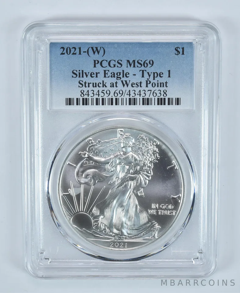2021-(W) American Silver Eagle Type 1 Struck At West Point MS69 PCGS Blue Label