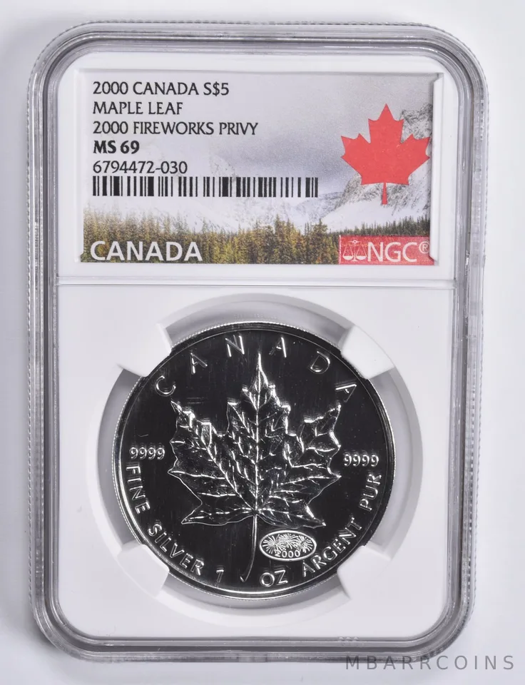 2000 Canada 5 Dollars Silver Fireworks Privy Maple Leaf MS69 NGC Canada