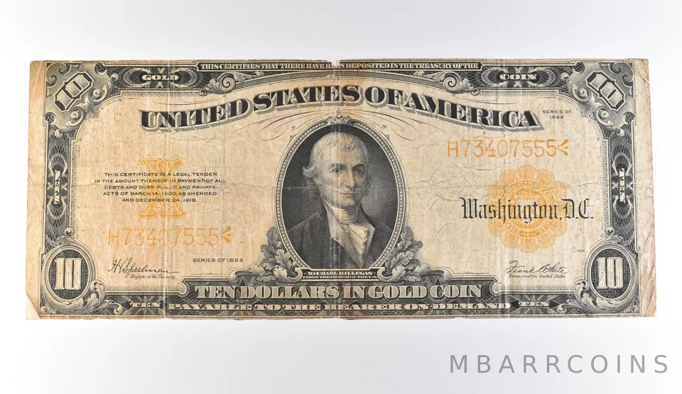 1922 $10 Gold Certificate Large Note Yellow Seal Fr#1193 *9706