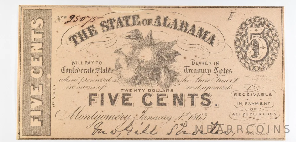 1863 5 Cents Alabama Obsolete Note *8630