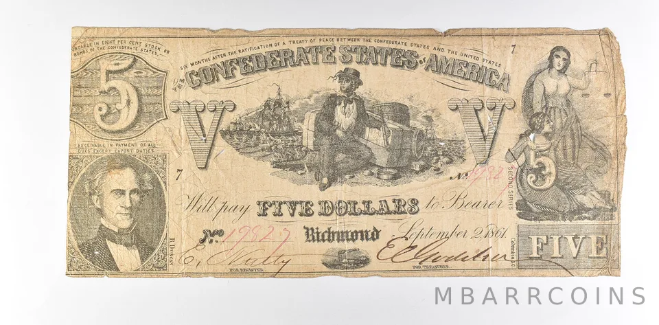 1861 $5 Confederate States Of America T-37 Large Note a8580