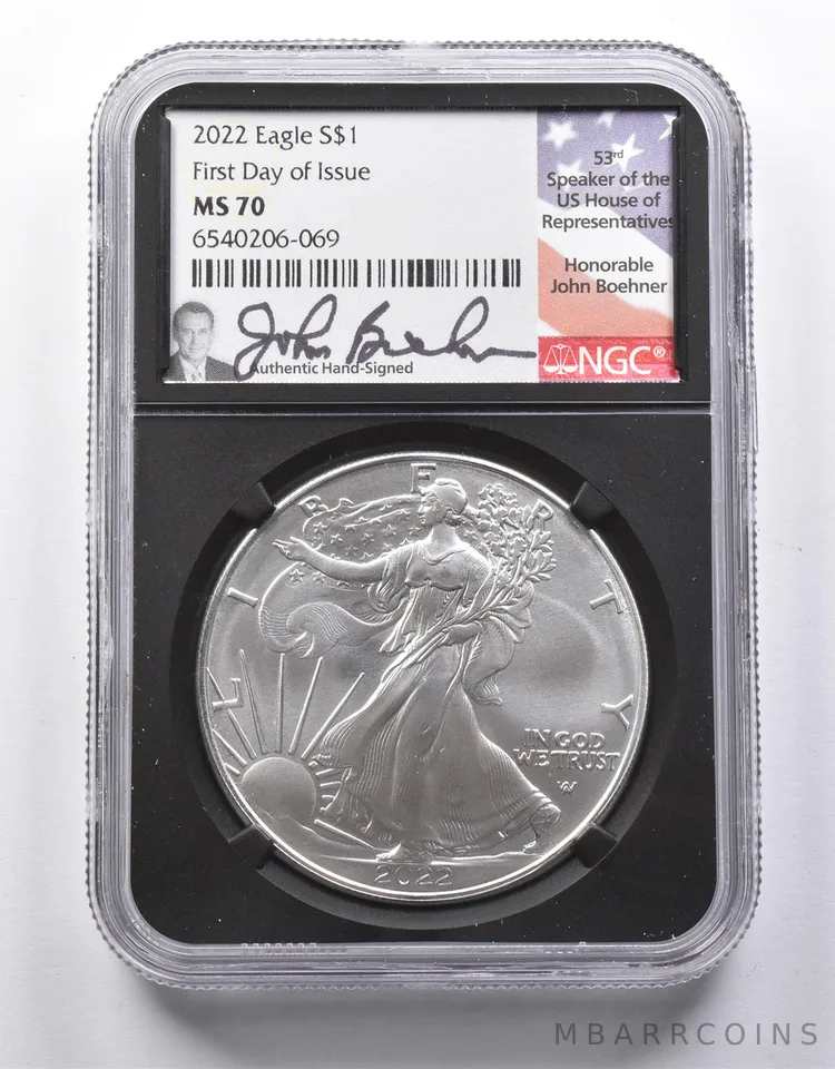 MS70 2022 American Silver Eagle FDOI John Boehner Signed NGC a8665