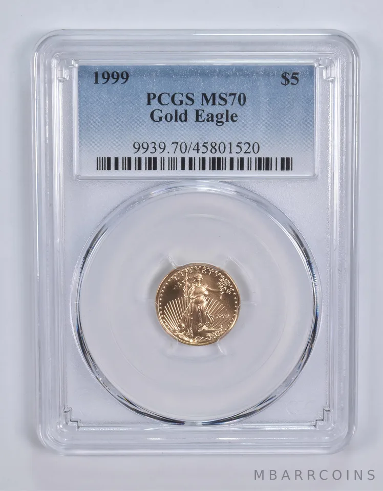 1999 $5 American Gold Eagle 1/10 Oz Gold MS70 PCGS Blue Label