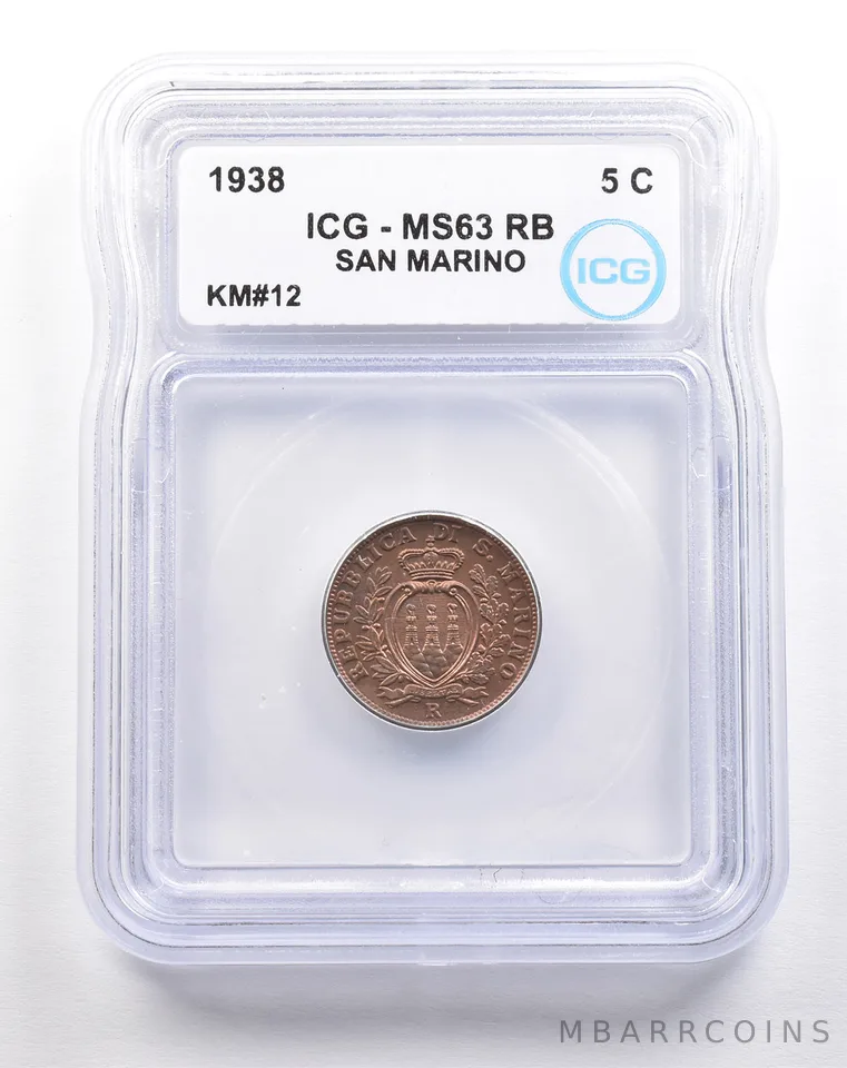 1938 San Marino 5 Centesimi KM#12 MS63 RB ICG *5494